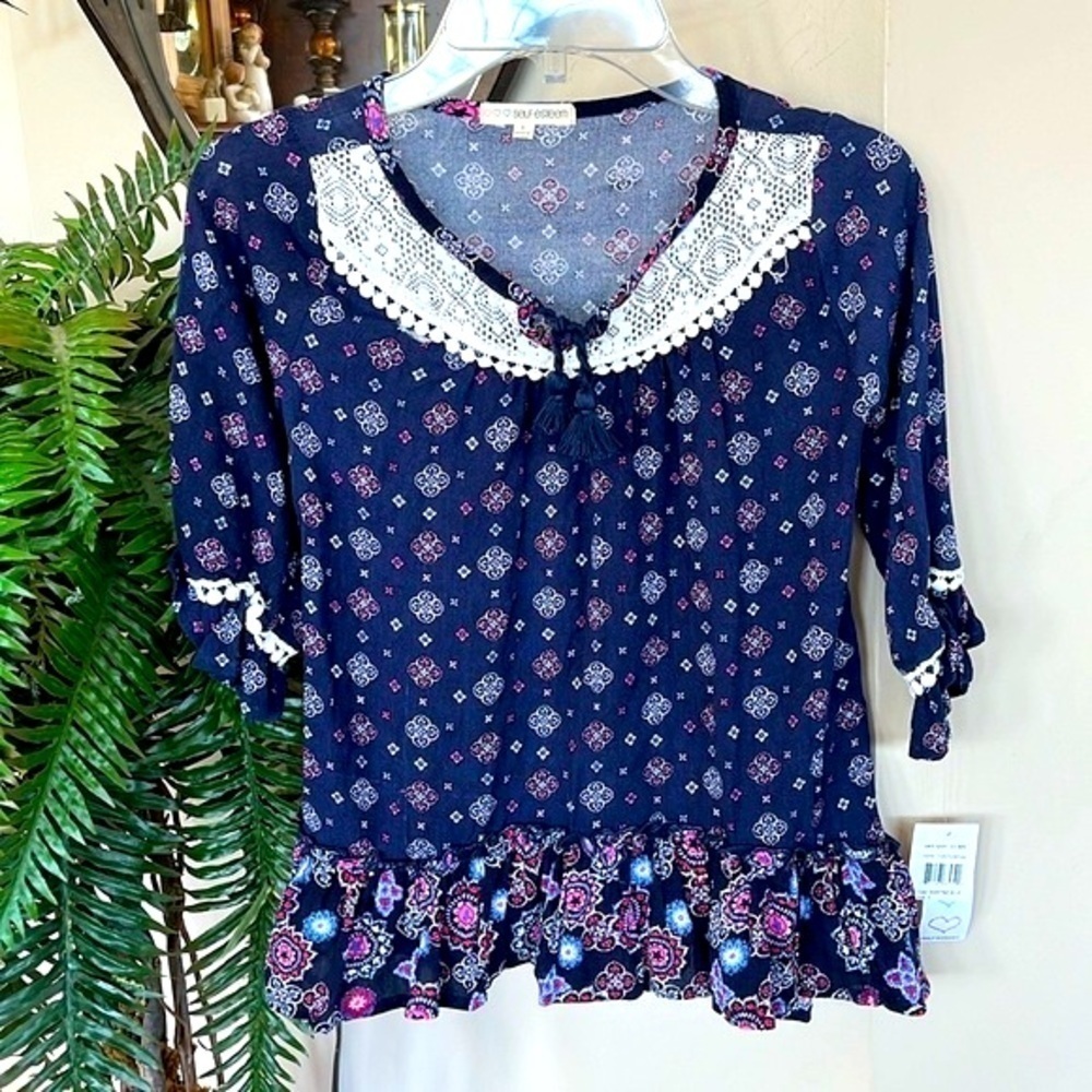 Brand New Self Esteem Blue Peasant Top w/ Lace Accent Ruffle Boho Blouse - Picture 13 of 13